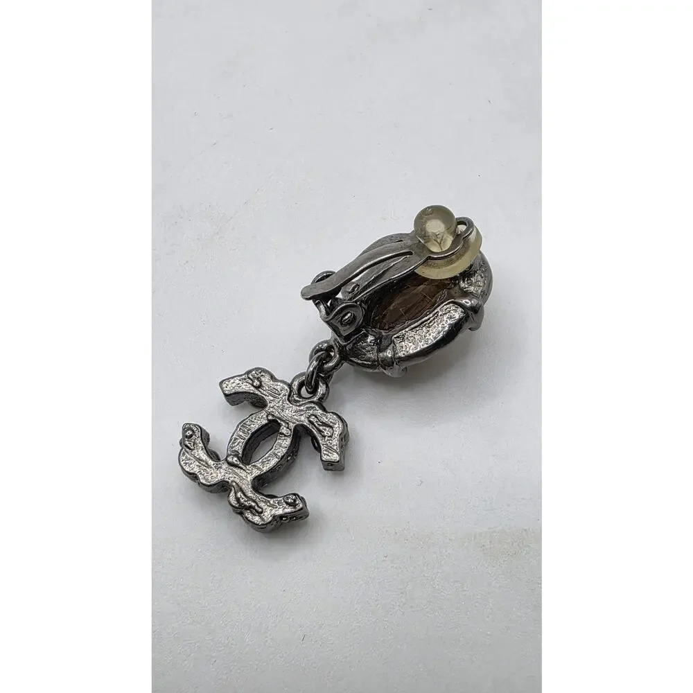 Chanel Resin Strass Silver-tone Interlocking CC Clip On Drop Earrings